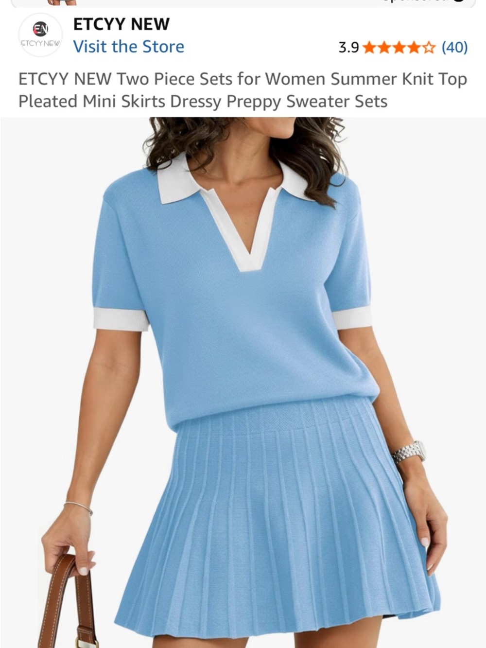 Light Blue Two-Piece Polo & Pleated Skirt Set with White Trim - Picture 2 of 2